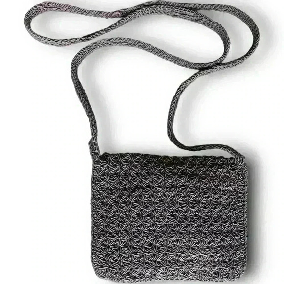Vtg Gap Crochet Knitted Crossbody Mini Purse Tote Snap Closure Flap Woven Grey - Picture 6 of 11